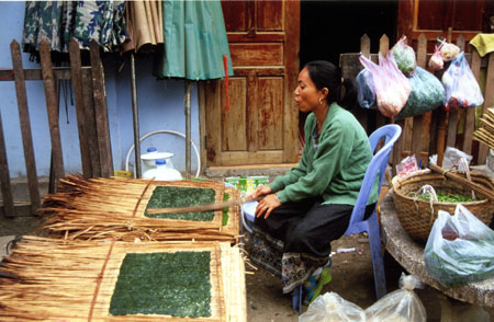 0010e Battage des algues à Luang Prabang